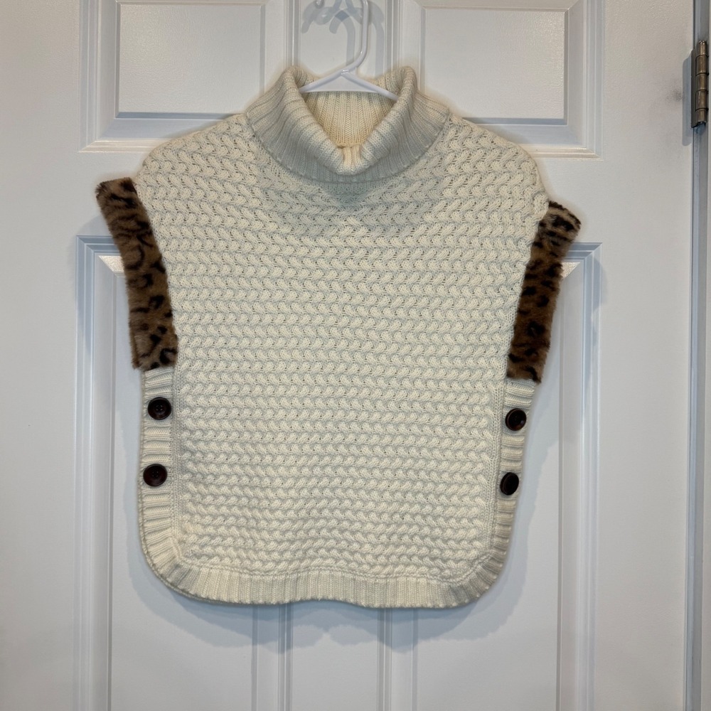 Aspen Kids Cream Cable Knit Turtleneck Poncho Leopard Faux Fur Size 7/8 (M)‎